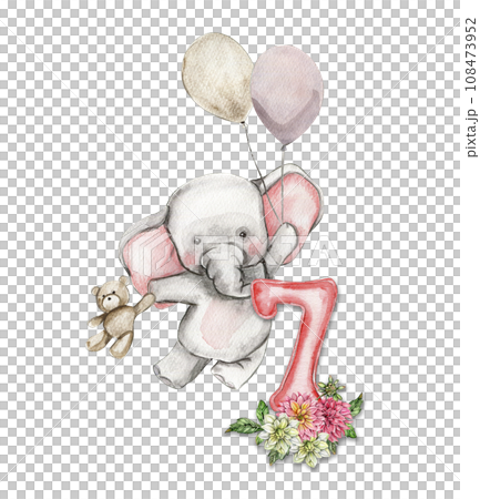 Watercolor hand drawn small baby elephant with dahlia flowers and numbers composition. African baby animal for baby shower party design, birthday, cake, kids room decorations, poster, fabric. Watercolor hand drawn small baby elephant with dahlia flowers and numbers composition. African baby animal for baby shower party design, birthday, cake, kids room decorations, poster, fabric. 108473952