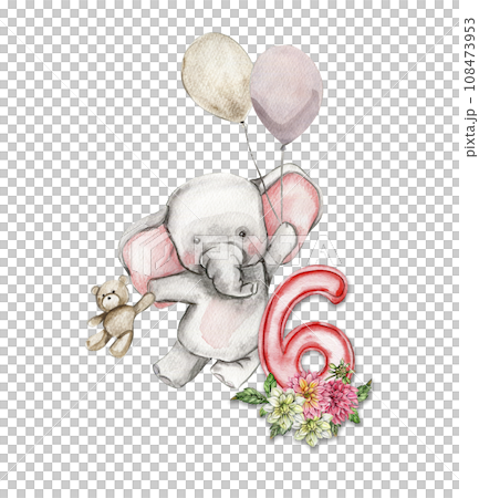 Watercolor hand drawn small baby elephant with dahlia flowers and numbers composition. African baby animal for baby shower party design, birthday, cake, kids room decorations, poster, fabric. 108473953