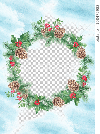 Christmas card template with winter plants wreath. Pine cone and branches, holly plant with red berries and cowberry or lingonberry. Blue watercolor splashes. For save the date or greeting cards. 108473982