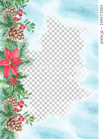 Christmas card template with pine cone and branches, holly plant with red berries, poinsettia and cowberry or lingonberry. Blue watercolor splashes. For save the date or greeting cards. Christmas card template with pine cone and branches, holly plant with red berries, poinsettia and cowberry or lingonberry. Blue watercolor splashes. For save the date or greeting cards. 108473983