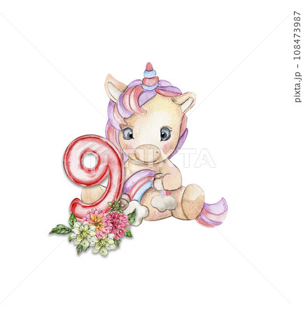 Watercolor hand drawn cute small baby unicorn with dahlia flowers with number composition. Fabulous baby animal for baby shower party design, birthday, cake, kids room decorations, poster, fabric. Watercolor hand drawn cute small baby unicorn with dahlia flowers with number composition. Fabulous baby animal for baby shower party design, birthday, cake, kids room decorations, poster, fabric. 108473987