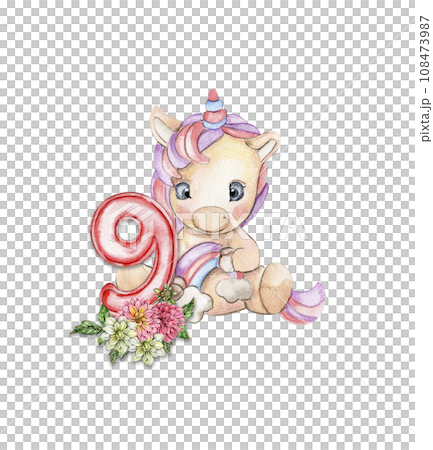 Watercolor hand drawn cute small baby unicorn with dahlia flowers with number composition. Fabulous baby animal for baby shower party design, birthday, cake, kids room decorations, poster, fabric. Watercolor hand drawn cute small baby unicorn with dahlia flowers with number composition. Fabulous baby animal for baby shower party design, birthday, cake, kids room decorations, poster, fabric. 108473987
