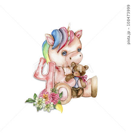 Watercolor hand drawn cute small baby unicorn with dahlia flowers with number composition. Fabulous baby animal for baby shower party design, birthday, cake, kids room decorations, poster, fabric. Watercolor hand drawn cute small baby unicorn with dahlia flowers with number composition. Fabulous baby animal for baby shower party design, birthday, cake, kids room decorations, poster, fabric. 108473999