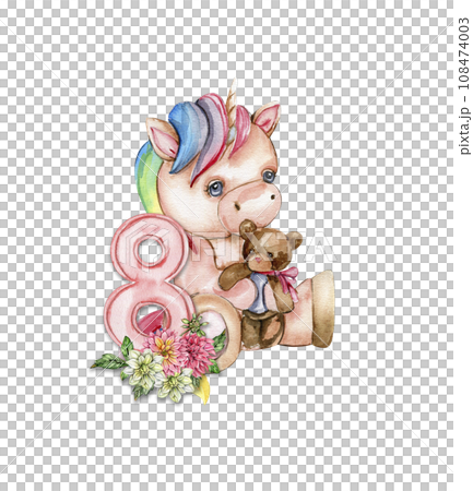 Watercolor hand drawn cute small baby unicorn with dahlia flowers with number composition. Fabulous baby animal for baby shower party design, birthday, cake, kids room decorations, poster, fabric. 108474003