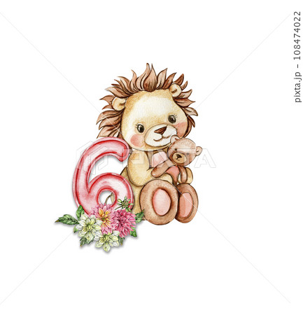 Watercolor hand drawn small baby lion with dahlia flowers and numbers composition. African baby animal for baby shower party design, birthday, cake, kids room decorations, poster, fabric. Watercolor hand drawn small baby lion with dahlia flowers and numbers composition. African baby animal for baby shower party design, birthday, cake, kids room decorations, poster, fabric. 108474022