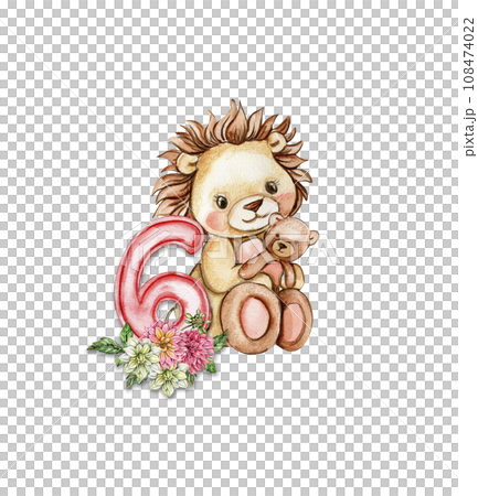 Watercolor hand drawn small baby lion with dahlia flowers and numbers composition. African baby animal for baby shower party design, birthday, cake, kids room decorations, poster, fabric. Watercolor hand drawn small baby lion with dahlia flowers and numbers composition. African baby animal for baby shower party design, birthday, cake, kids room decorations, poster, fabric. 108474022
