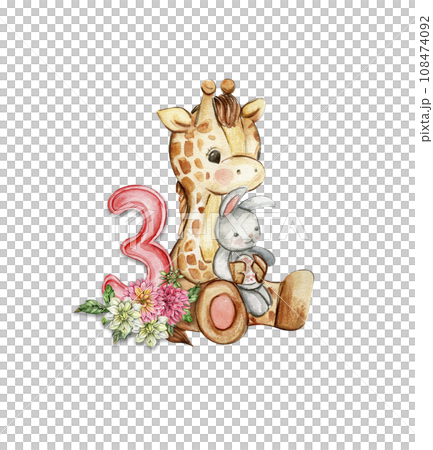 Watercolor hand drawn small baby giraffe with dahlia flowers and numbers composition. African baby animal for baby shower party design, birthday, cake, kids room decorations, poster, fabric. 108474092