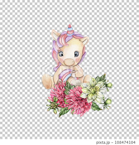Watercolor hand drawn cute small baby unicorn with dahlia flowers composition. Fabulous baby animal for baby shower party design, birthday, cake, kids room decorations, invitations, poster, fabric. 108474104