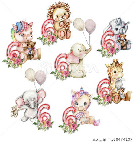 Watercolor hand drawn small baby animals with dahlia flowers and numbers composition. African baby animal for baby shower party design, birthday, cake, kids room decorations, poster, cards, fabric. 108474107