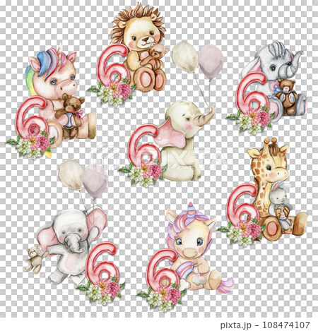 Watercolor hand drawn small baby animals with dahlia flowers and numbers composition. African baby animal for baby shower party design, birthday, cake, kids room decorations, poster, cards, fabric. 108474107