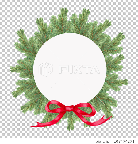 A wreath of Christmas tree branches with a red bow. Decor for New Year, Christmas and seasonal holidays. Traditional winter garland with evergreen branches and bow. Botanical hand drawn isolated art. 108474271