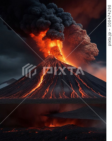 volcano eruption with massive high bursts of lava and hot clouds soaring high into the sky, pyroclastic flow in asia 108474298