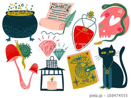 Magic Objects Set, Witch Mystery Symbols , Magic Show Equipment Vector Illustration Magic Objects Set, Witch Mystery Symbols , Magic Show Equipment Vector Illustration 108474555