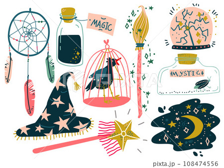 Magic Objects Set, Witchcraft Attributes, Magic Show Equipment Vector Illustration Magic Objects Set, Witchcraft Attributes, Magic Show Equipment Vector Illustration 108474556