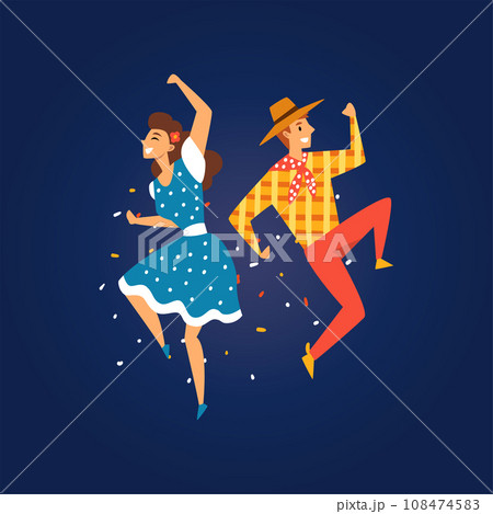 Festa Junina, Traditional Brazil June Festival, Happy Young Man and Woman Dancing at Night Folklore Party Vector Illustratio 108474583