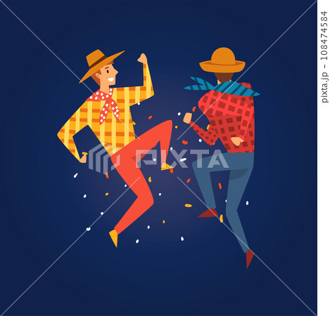 Festa Junina, Traditional Brazil June Festival, Young Men Dancing at Night Folklore Party Vector Illustration 108474584