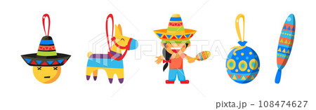 Mexican Holiday with Kids Hitting Pinata Toy Vector Set Mexican Holiday with Kids Hitting Pinata Toy Vector Set 108474627