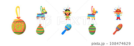 Mexican Holiday with Kids Hitting Pinata Toy Vector Set 108474629