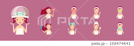 Cosmetic Care Routine with Woman Character Vector Set 108474641