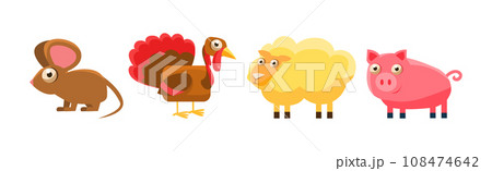 Farm Animals with Mouse, Turkey, Sheep and Pig Vector Set 108474642