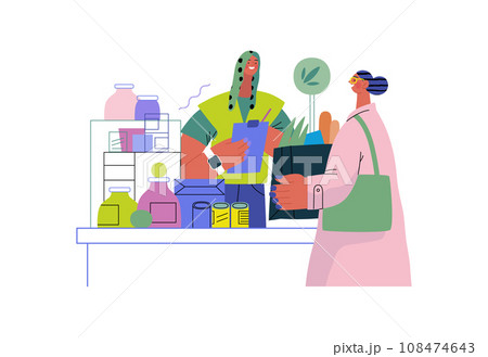 Mutual Support: Bringing groceries to food bank -modern flat vector concept illustration of people donating food to food pantry A metaphor of voluntary, collaborative exchanges of resource, services 108474643