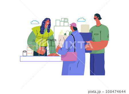 Mutual Support: Bringing groceries to food bank -modern flat vector concept illustration of people donating food to food pantry A metaphor of voluntary, collaborative exchanges of resource, services 108474644