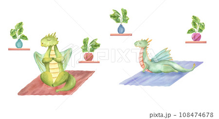 Dragons is practicing yoga exercises on mat. Animal doing stretching and meditating. Ficus in ceramic pots. Stylish cartoon animals among home plants. Watercolor illustration 108474678