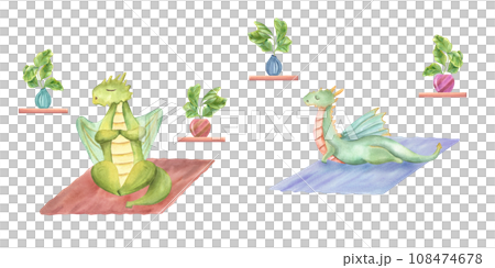 Dragons is practicing yoga exercises on mat. Animal doing stretching and meditating. Ficus in ceramic pots. Stylish cartoon animals among home plants. Watercolor illustration 108474678