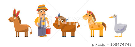 Farm Animals with Donkey, Bull, Horse, Goose and Man Farmer Vector Set 108474745