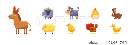 Farm Animals with Donkey, Ram, Cow, Chick, Bunny and Turkey Vector Set 108474746
