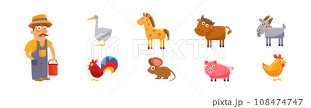 Farm Animals with Horse, Cow, Goat, Pig and Man Farmer Vector Set 108474747
