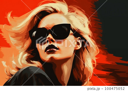 Portrait of a beautiful fashionable woman with a hairstyle and sunglasses, on a red color background. Illustrative poster in style of the 1960s 108475052