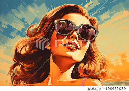Portrait of a beautiful fashionable woman with a hairstyle and sunglasses, swims in the sea, at sunset, blue sky background. Illustration, poster in style of the 1960s Portrait of a beautiful fashionable woman with a hairstyle and sunglasses, swims in the sea, at sunset, blue sky background. Illustration, poster in style of the 1960s 108475070