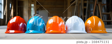 Safety banner. Building construction engineering concept background. Safety construction worker helmet Safety banner. Building construction engineering concept background. Safety construction worker helmet 108475131