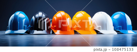 Safety banner. Building construction engineering concept background. Safety construction worker helmet Safety banner. Building construction engineering concept background. Safety construction worker helmet 108475133