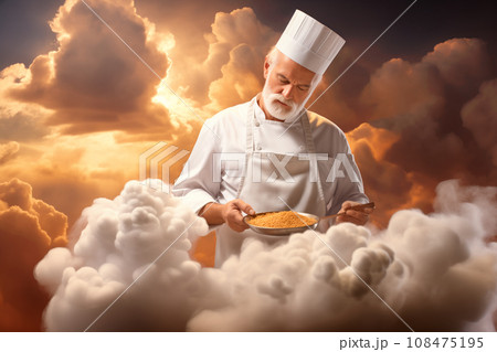Chef flying in front of clouds holding testing food. Chef flying through the air by a sky, in style of dreamy realism Chef flying in front of clouds holding testing food. Chef flying through the air by a sky, in style of dreamy realism 108475195