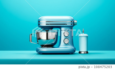 Electric kitchen appliances and utensils like mixer and machine for mixing ingredients on a blue counter top Electric kitchen appliances and utensils like mixer and machine for mixing ingredients on a blue counter top 108475203