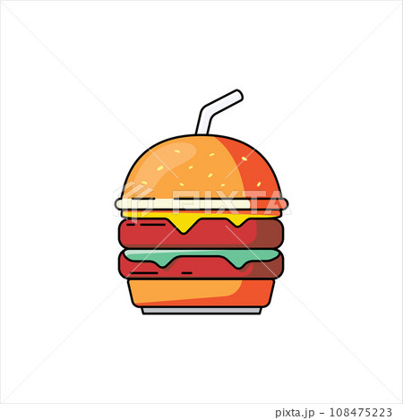 Hamburger flat line art. Junk food Vector illustration 108475223