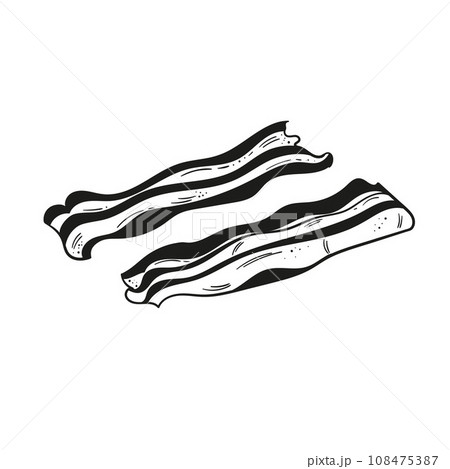 Hand drawn or sketch of fried bacon on a white background. illustration, drawing, engraving, ink, line art. Detailed image in retro style. Vintage sketch element for label, packaging and card design. Hand drawn or sketch of fried bacon on a white background. illustration, drawing, engraving, ink, line art. Detailed image in retro style. Vintage sketch element for label, packaging and card design. 108475387
