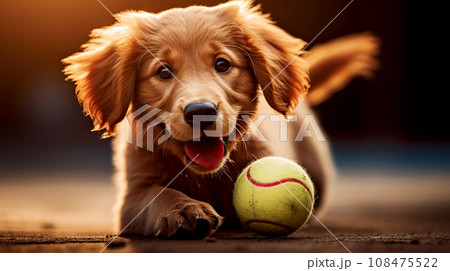 Playful puppy close-up frolicking lying with a tennis ball on a blurred background. Playful puppy close-up frolicking lying with a tennis ball on a blurred background. 108475522