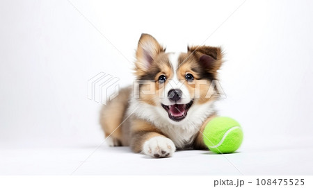 Puppy with a tennis ball on a white background. Little fluffy puppy. Studio shot. Puppy with a tennis ball on a white background. Little fluffy puppy. Studio shot. 108475525