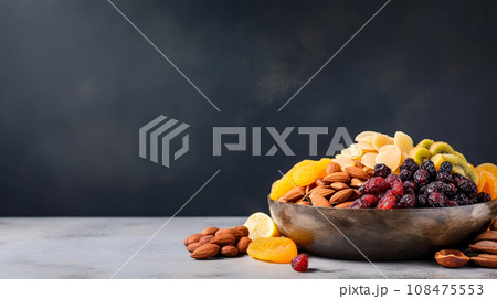 Candied fruits and nuts close-up. Mixture of dried fruits and almonds in a bowl on a dark background 108475553