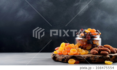 Dried fruits in glass jar on dark background. 108475554