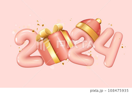 Christmas and New Year 2024 background in 3d realistic design. 2024 soft pink glossy numbers with gift box and Santa Claus hat with golden elements. Xmas banner in plastic style. Vector illustration. Christmas and New Year 2024 background in 3d realistic design. 2024 soft pink glossy numbers with gift box and Santa Claus hat with golden elements. Xmas banner in plastic style. Vector illustration. 108475935
