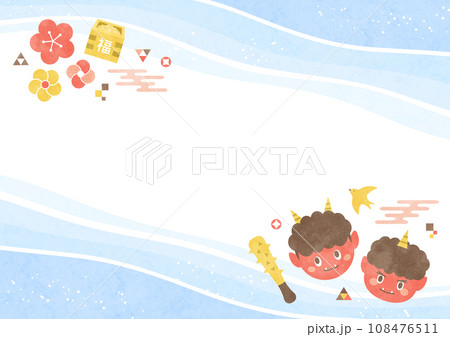 節分の背景フレーム 赤鬼と福豆と梅の花 水彩の飾り枠（青色） 108476511