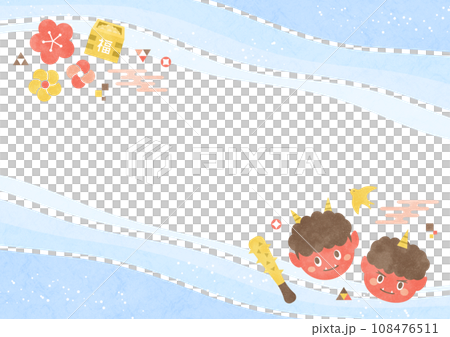 節分の背景フレーム 赤鬼と福豆と梅の花 水彩の飾り枠（青色） 108476511