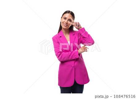 young brunette secretary woman wearing pink jacket smiling on white background with copy space young brunette secretary woman wearing pink jacket smiling on white background with copy space 108476516