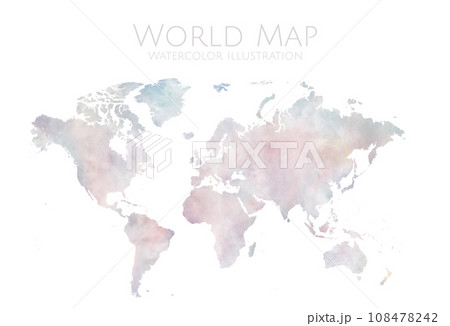 水彩画タッチの世界地図イラスト、滲みが綺麗な手描きの世界地図 108478242