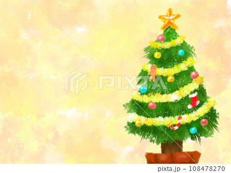 黄色いの背景のアクリル画風のクリスマスツリー-横型 108478270