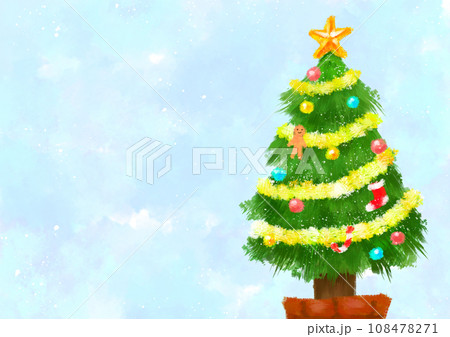 水色の背景のアクリル画風のクリスマスツリー-横型 108478271